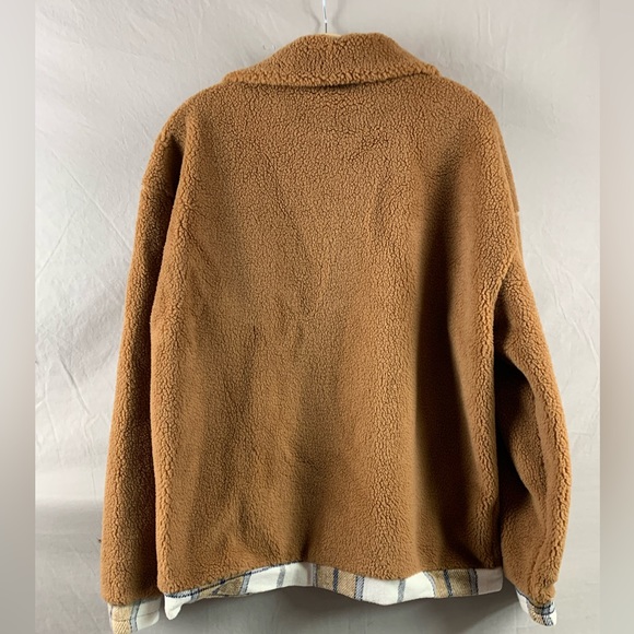 Plaid Panel Drop Shoulder Teddy Coat - Picture 7 of 8